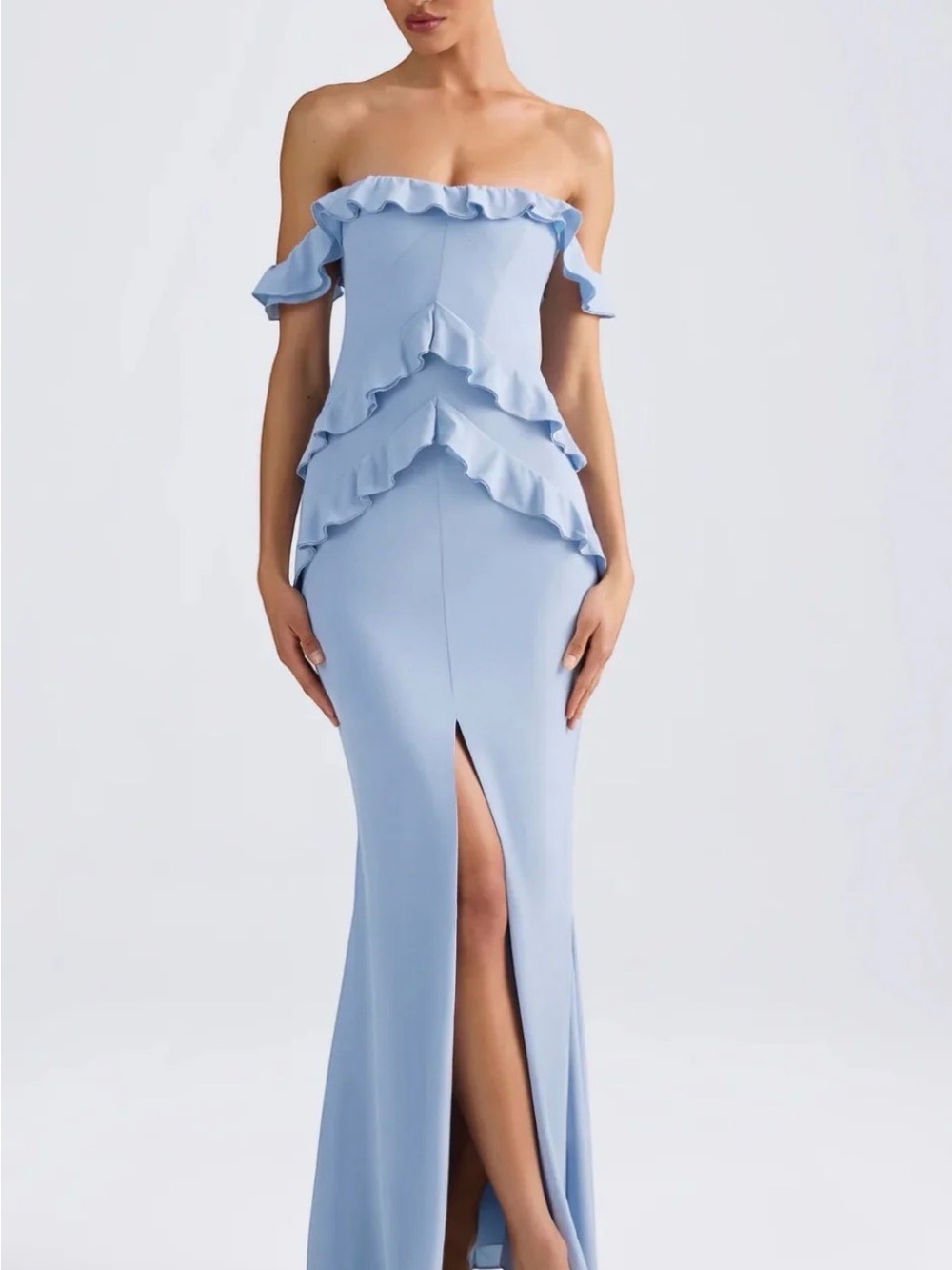 Oh Polly Elegant Off-Shoulder Ruffled Maxi Dress in Light Blue - Picture 2 of 8